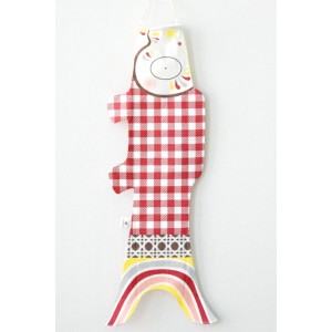 Gingham koinobori, carp-shaped-windsock signed by Madame Mo